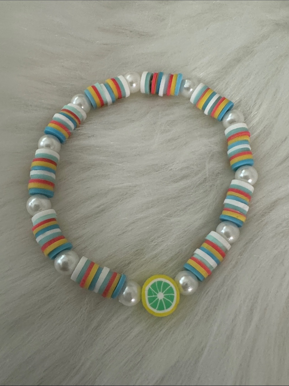 Rainbow Lime Bead Stretch Bracelet - White Pearls